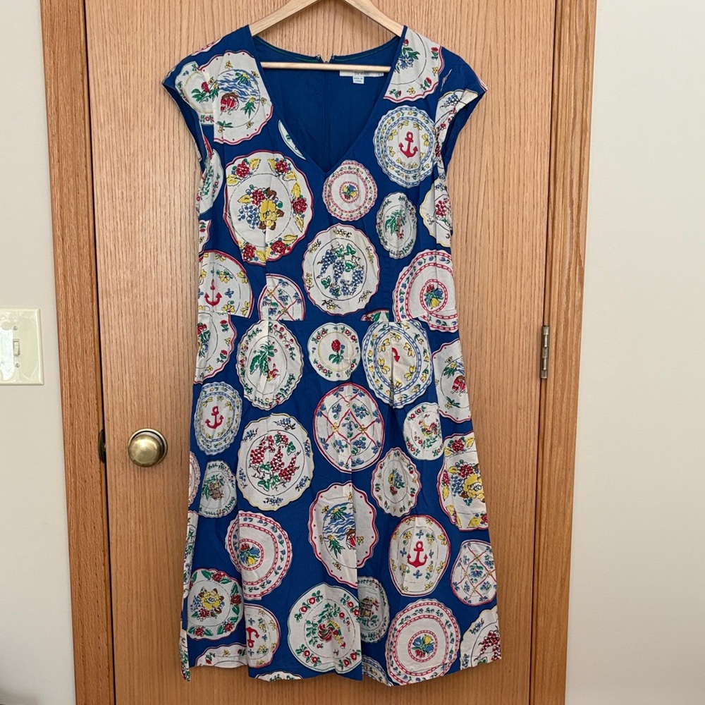 Boden dress 100% cotton lined with rare plate print size 14L